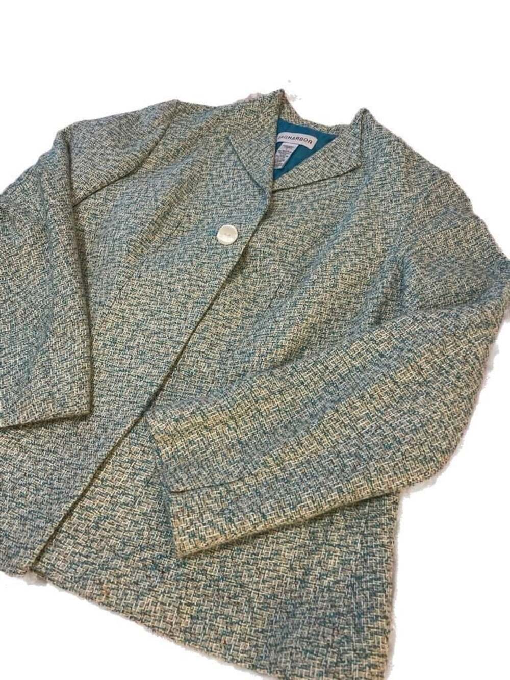 Sag Harbor Women's Teal Tweed Single Button Blazer Jacket Size 8